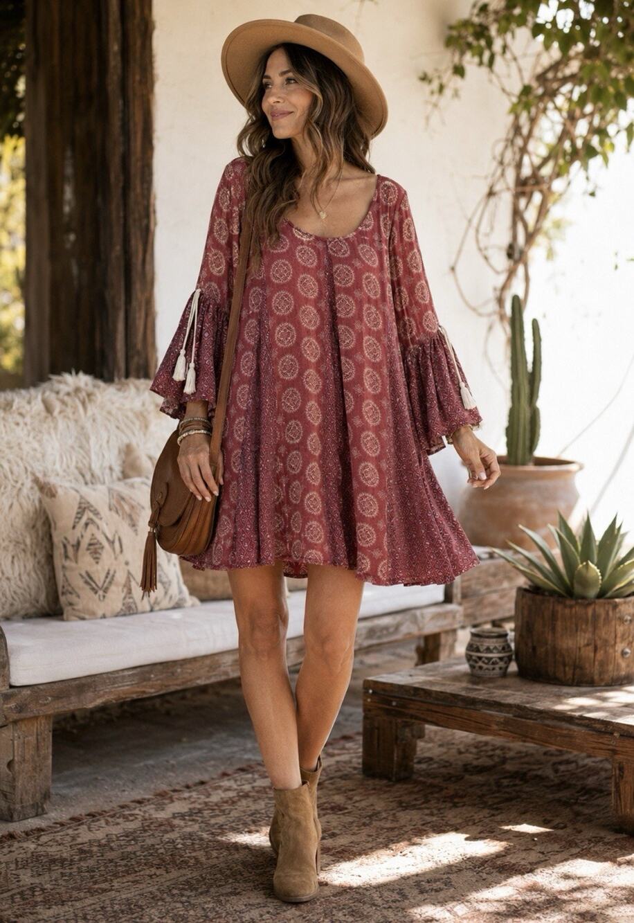 Easel Womens M Burgundy Boho Swing Tunic Dress Bell Sleeve Tassel Peasant